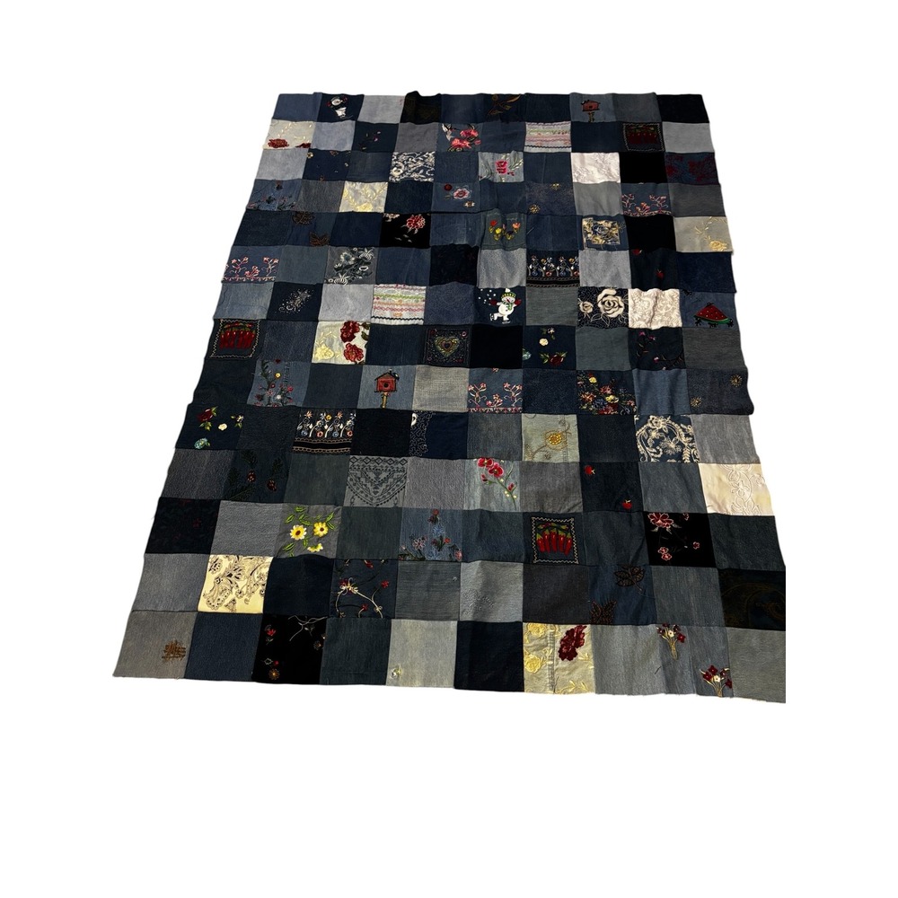 Unfinished Quilt Top Handmade Patchwork Denim Embroidered Upcycled Boho 71x52